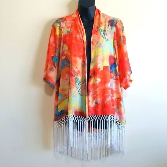 GB Orange Multicolored Kimono Fringe  Cardigan size Small - Picture 3 of 10